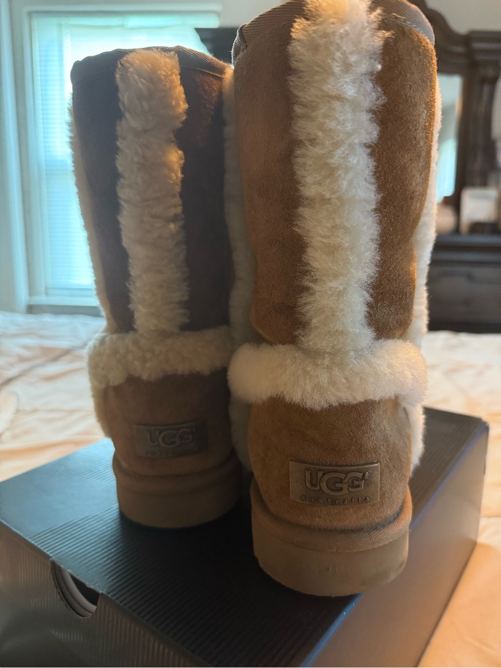 UGG Chestnut Suede Shearling Tall Boots with Cream Trim